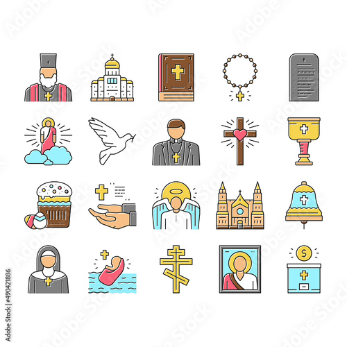 Christianity Religion Church Icons Set Vector .