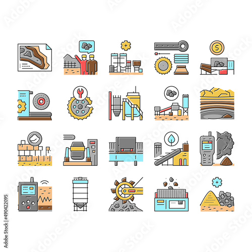 Quarry Mining Industrial Process Icons Set Vector .
