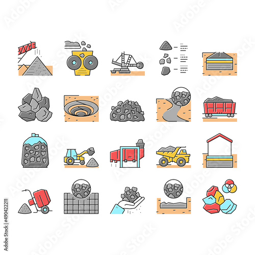 Crushed Stone Mining Collection Icons Set Vector .