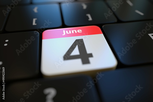 June 4 date on a keyboard key, 3d rendering