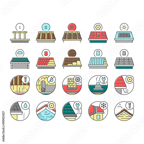 Roof Replacement Job Collection Icons Set Vector .