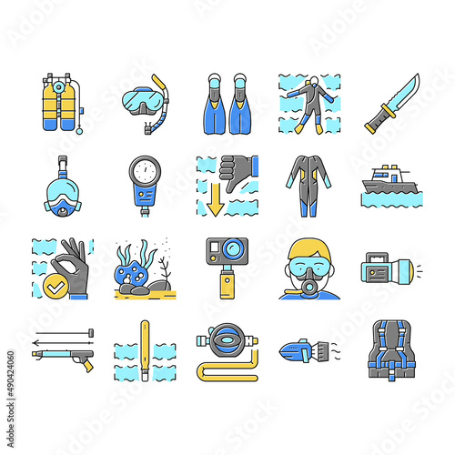 Diving Scuba Equipment Collection Icons Set Vector .