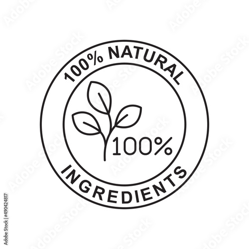 100% natural ingredients label icon in black line style icon, style isolated on white background