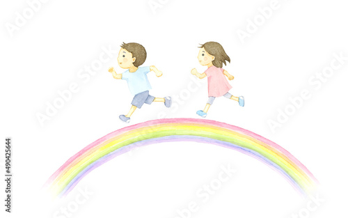 虹を走る子供 水彩イラスト
