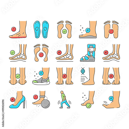 Flat Feet Disease Collection Icons Set Vector .
