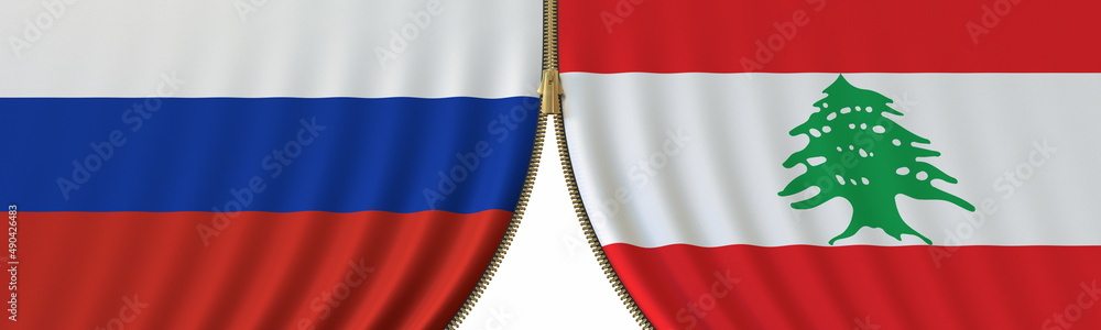 Obraz premium Russia and Lebanon cooperation or conflict, flags and closing or opening zipper between them. Conceptual 3D rendering