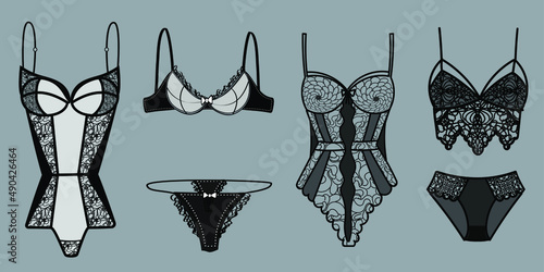 Women's lace underwear. Bra, panties, bodysuit, in black.