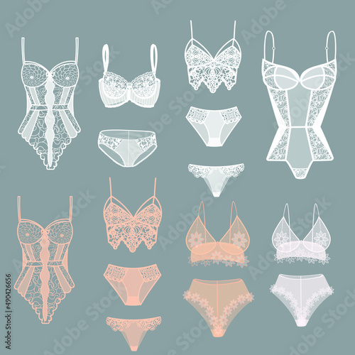 Women's lace underwear. Bra, panties, bodysuit, in white and nude colours.