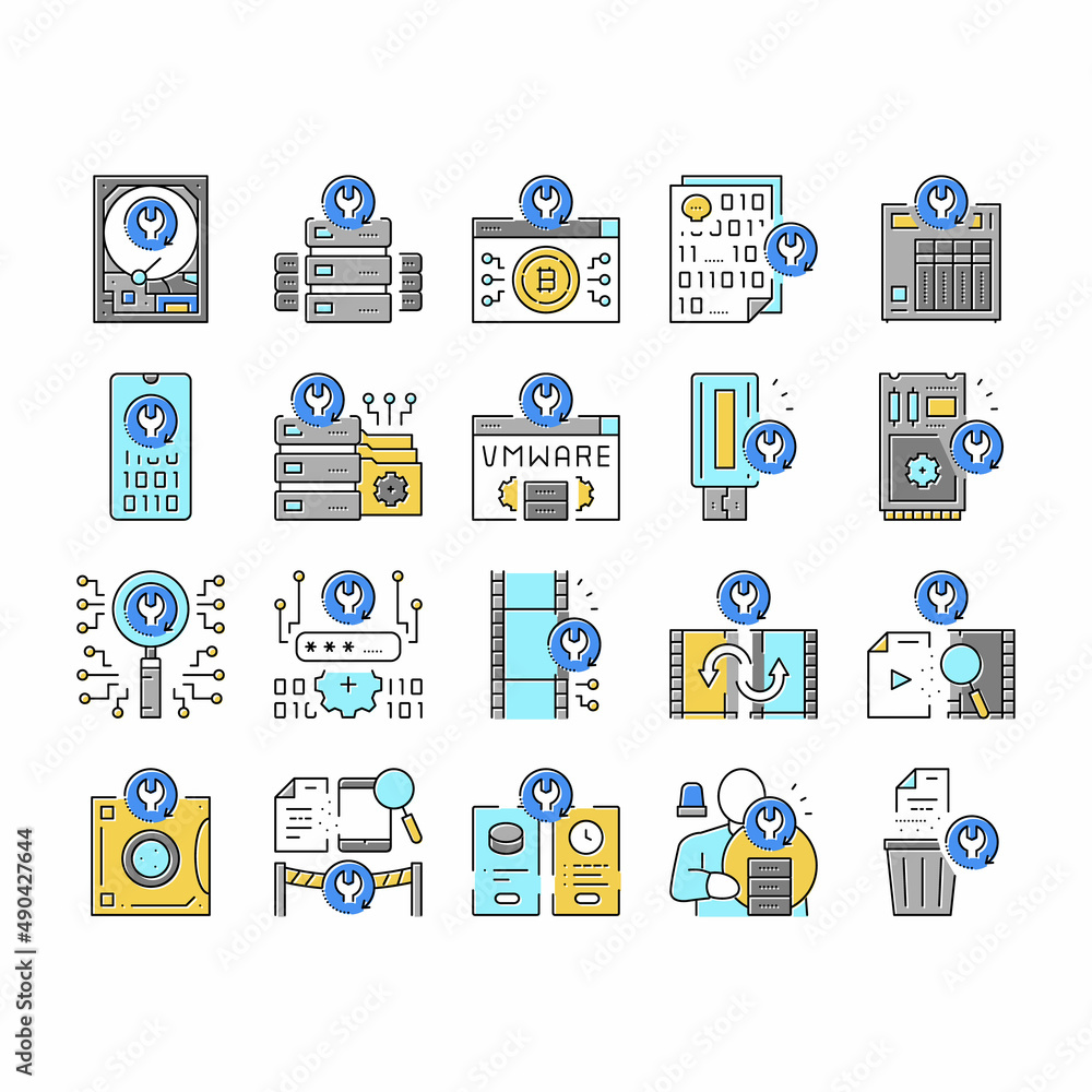 Data Recovery Computer Processing Icons Set Vector .