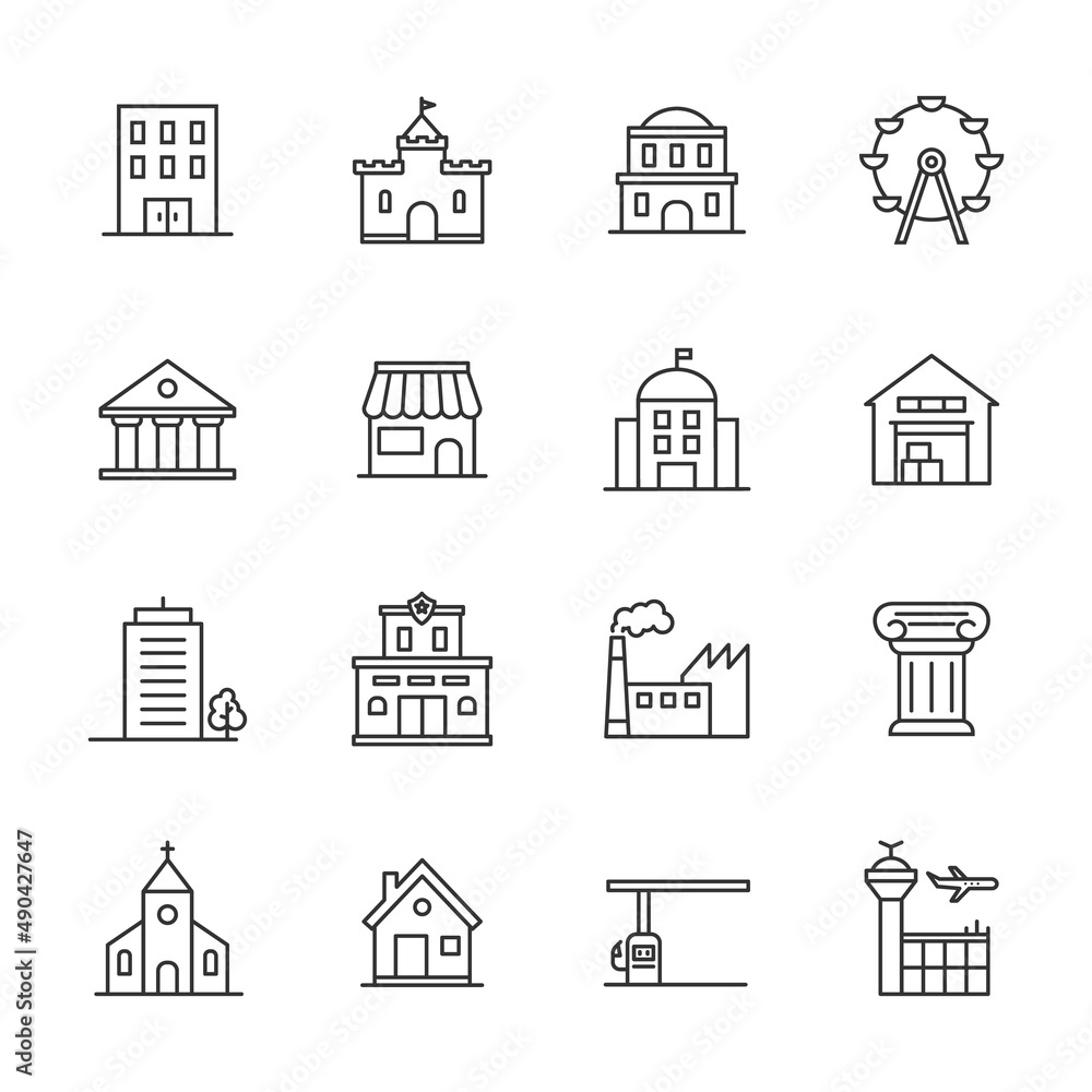 Vector building line icon set residential business town hotel urban apartment. Home architecture build symbol