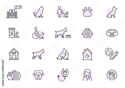 Pet veterinarian vector line icon set. Dog cat veterinary doctor clinic animal health syringe puppy medicine symbol