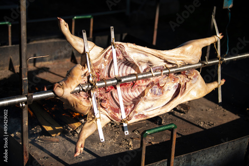 A young suckling pig on a skewer. Whole roasted pig on a rotating steel spit with fire and smoke. Traditional grill of Serbia, in Balkans, countryside. photo