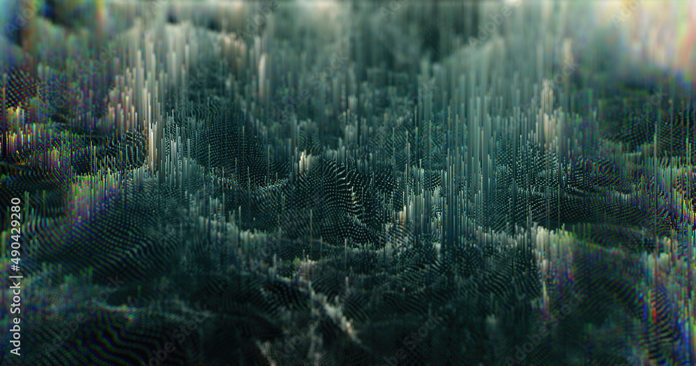 Abstract glitch art background with wavy shapes and cyan color palette. 3d render