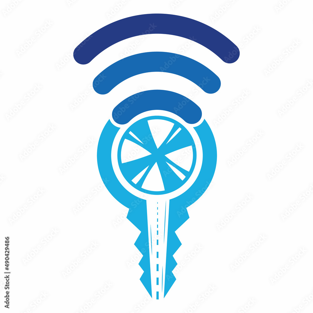 Obraz premium Driving school logo design. Car key with road and wheel icon.