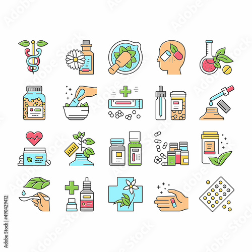 Homeopathy Medicine Collection Icons Set Vector .