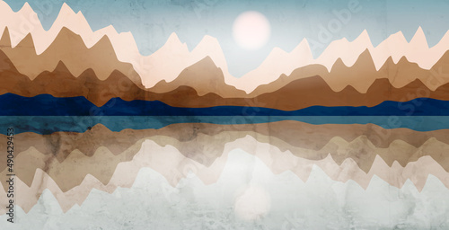 Luxury landscape wallpaper with mountains and hills for background design, packaging design, decor, fabric