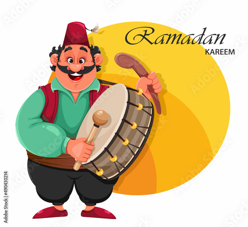 Ramadan Kareem. Funny cartoon character drummer