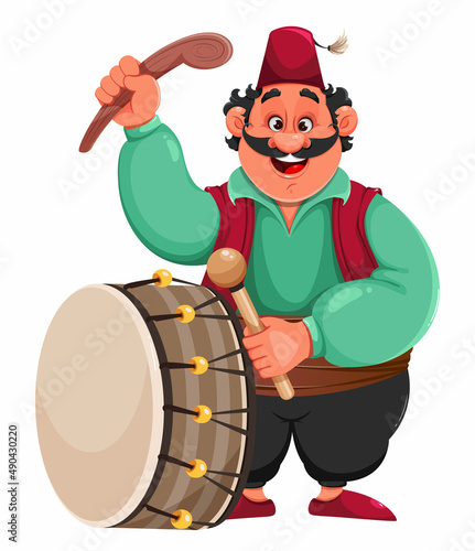 Ramadan Kareem. Funny cartoon character drummer