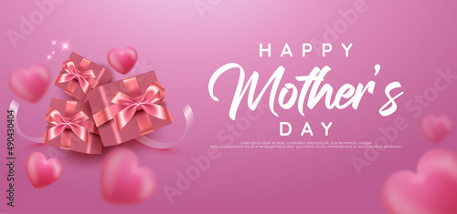 Realistic Mother's day background with hearts balloons and gifts