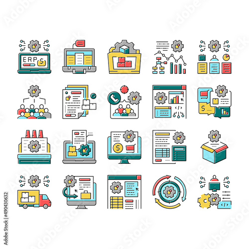 Erp Enterprise Resource Planning Icons Set Vector .
