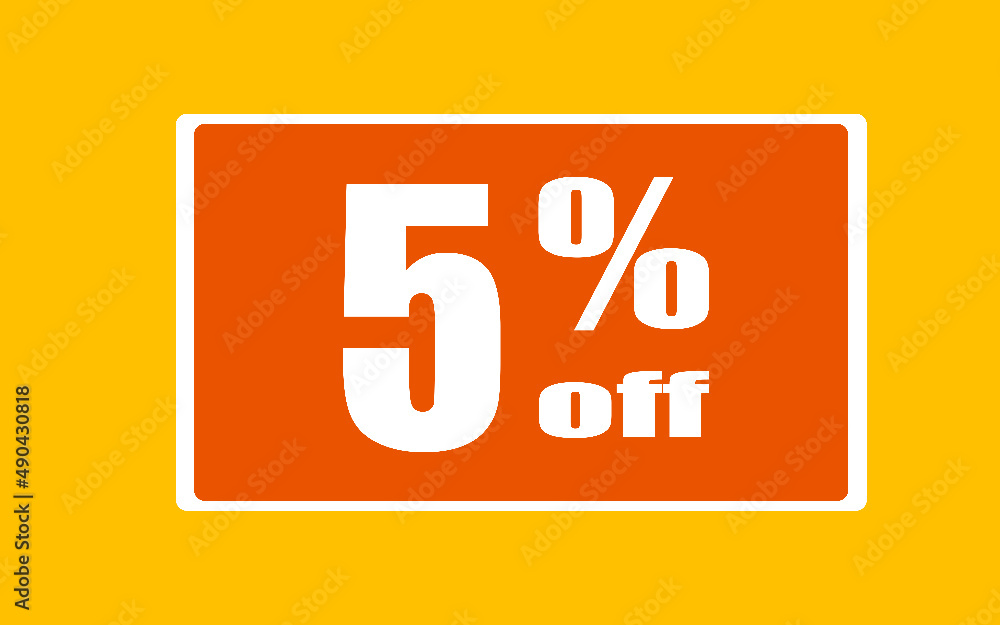 5 five percent off. Yellow banner with floating box for promotions and offers
