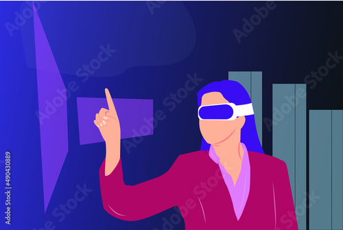 Vector graphic illustration of female cartoon character wearing virtual reality device and touching monitor. Suitable for any content about Metaverse, business, crypto and about the latest technology