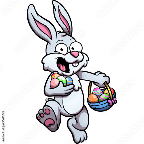 Cartoon Easter bunny jumping with egg basket