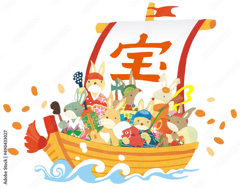 Obraz premium Paper-cutting: Rabbit's Seven Lucky Gods Treasure ship 