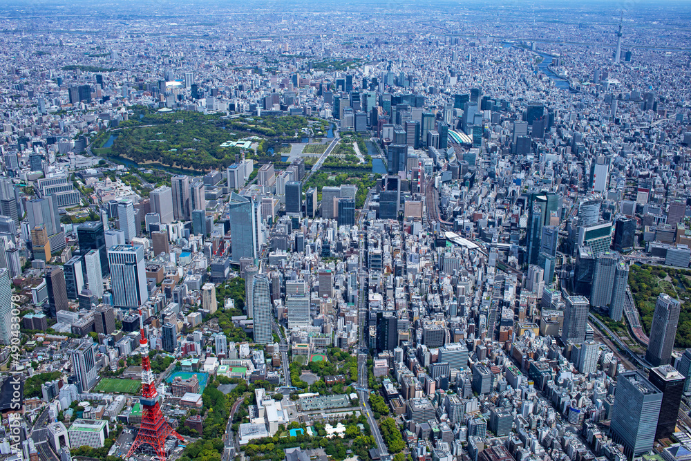 Fototapeta premium 芝上空より皇居と東京駅を望む、空撮