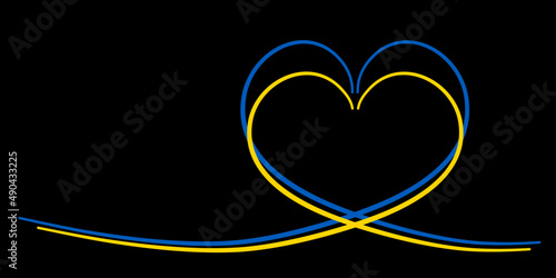 Niebieskie i żółte serce - kolory flagi Ukrainy.  Wsparcie dla Ukrainy. Stop wojnie. Czarne tło z ilustracją wektorową z miejscem na tekst.
