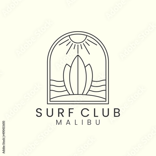 surf club with badge and line art style logo icon template design. malibu beach,sun, sea, vector illustration