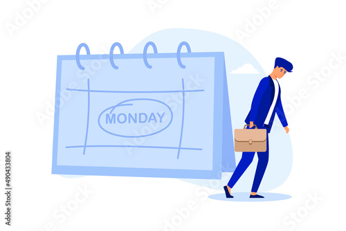 Monday blues, tired and fear of routine office work, depression or sadness worker, sleepy and frustrated on Monday morning, tired and sleepy businessman going to work with calendar showing Monday.