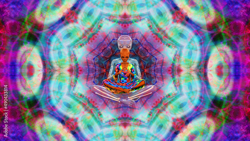 Alien meditating on a colorful psychedelic background