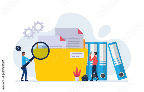 Workers searching file. employee uses magnifying glass. File binders, yellow folder with documents. File manager, data storage and indexing. Files search. photo