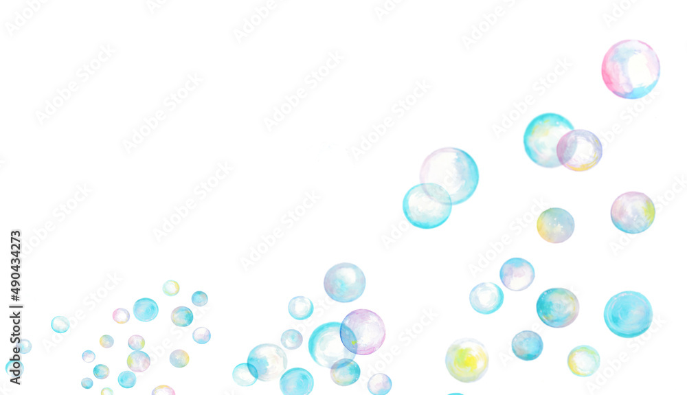 水彩で描いたカラフルなシャボン玉のイラスト素材　フレーム素材	春のイラスト素材　水色
