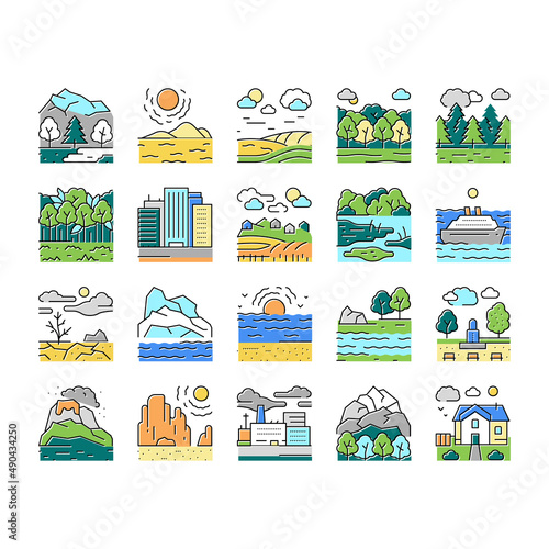 Land Scape Nature Collection Icons Set Vector .