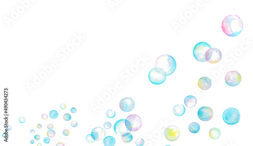 水彩で描いたカラフルなシャボン玉のイラスト素材 フレーム素材 春のイラスト素材 水色