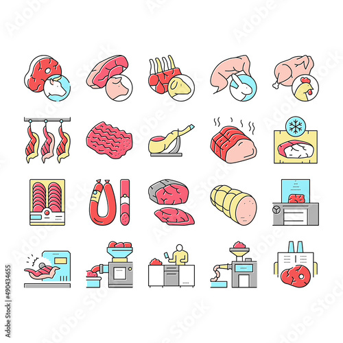 Meat Factory Product Collection Icons Set Vector .