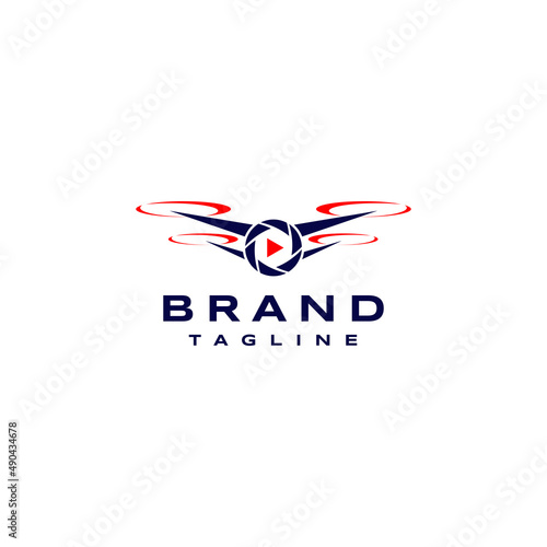 Drone with camera shutter symbol and play button icon depicting aerial photography logo design.