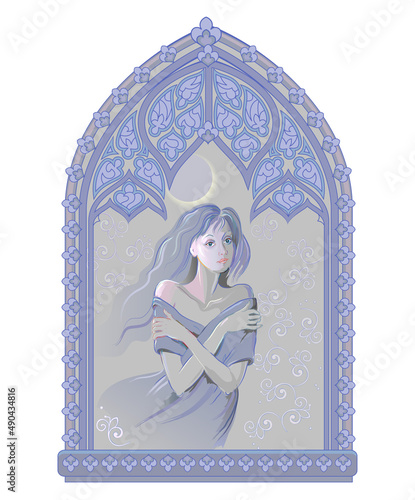 Fantasy drawing of beautiful lonely girl bored near gothic stained glass window. Sketch in ink and crayon style. Print to decoration, fashion, wallpaper, background, design. Vector illustration.