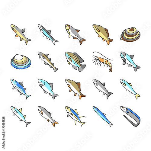 Commercial Fishing Aquaculture Icons Set Vector .