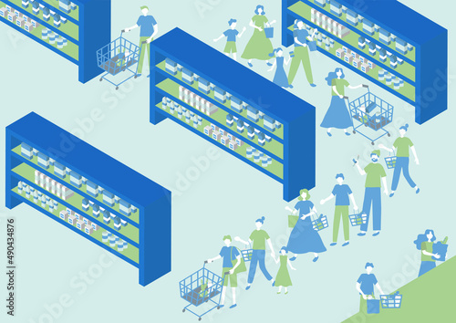 お店で行列に並ぶ人々