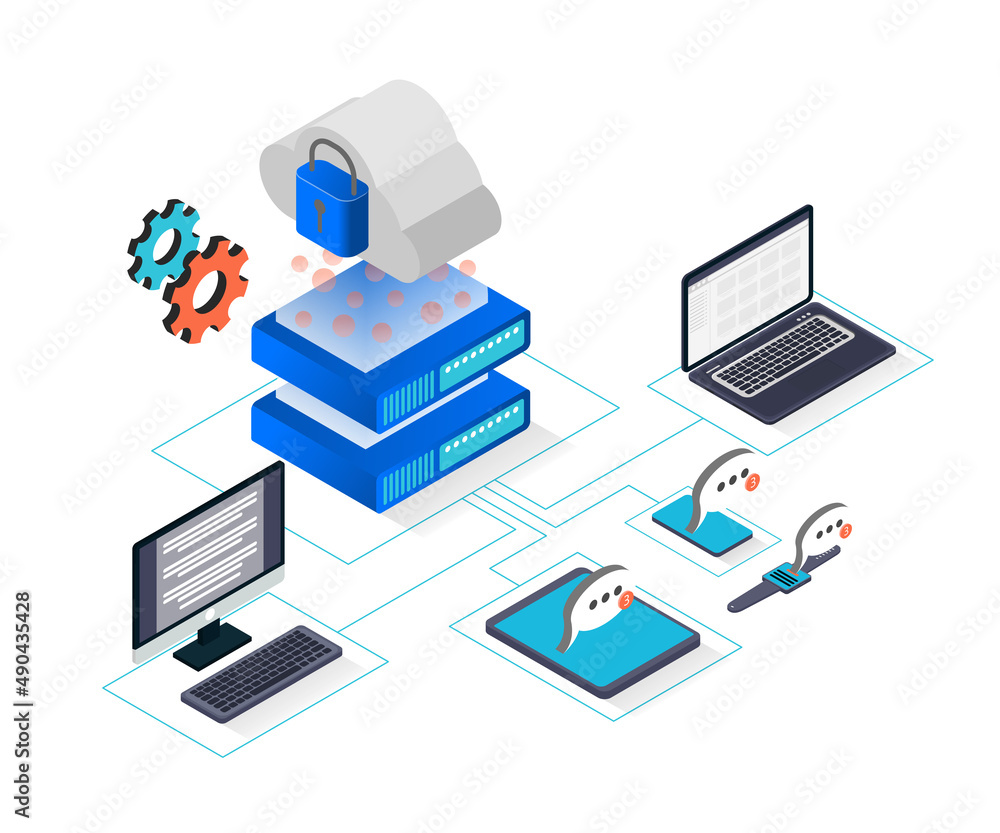 Isometric style illustration of encrypted cloud storage in a database server Isometric style illustration of encrypted cloud storage in a database server