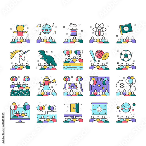 Kids Birthday Party Collection Icons Set Vector .