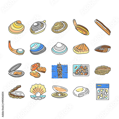 Clam Marine Sea Farm Nutrition Icons Set Vector .