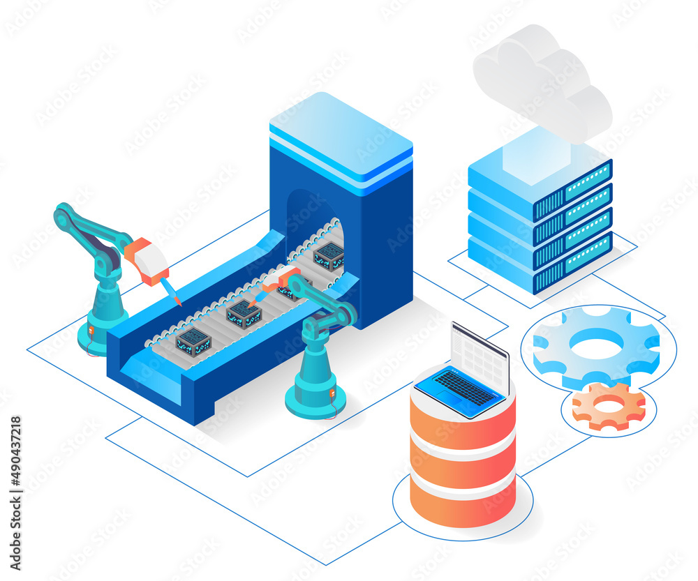 Robot machine illustration with isometric style cloud data storage Robot machine illustration with isometric style cloud data storage