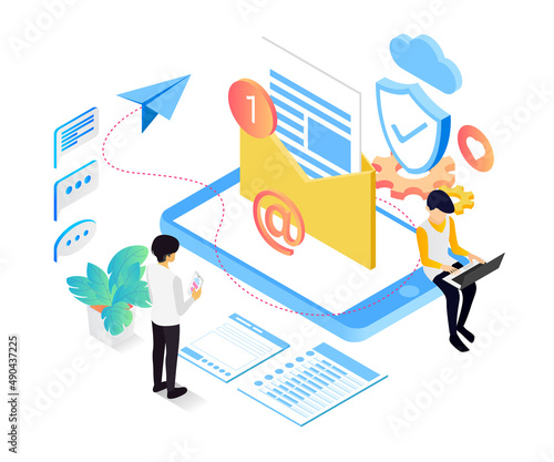 Illustration of isometric style email digital marketing
