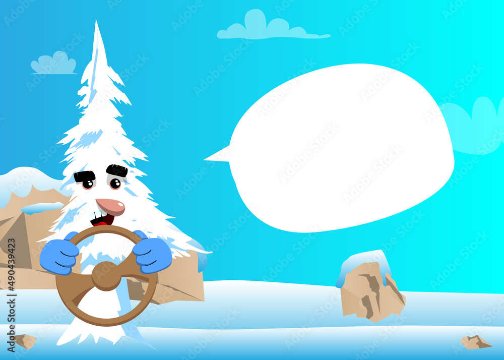 Fototapeta premium Cartoon winter pine trees with faces driving, holding a steering wheel. Cute forest trees. Snow on pine cartoon character, funny holiday vector illustration.