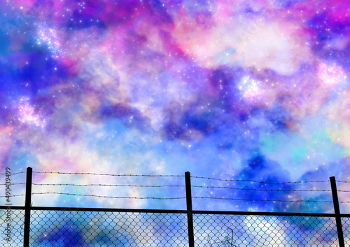 明るく美しい星空と痛んだフェンスのイラスト