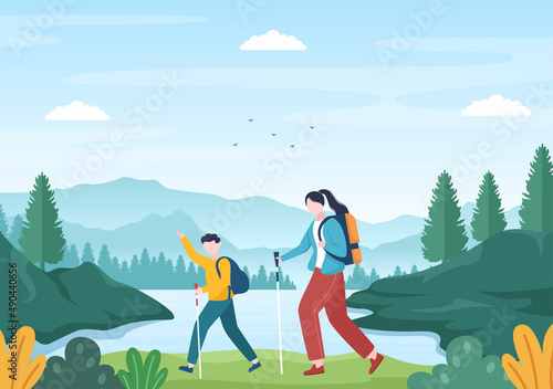 Adventure Tour on the Theme of Climbing, Trekking, Hiking, Walking or Vacation with Forest and Mountain Views in Flat Nature Background Poster Illustration